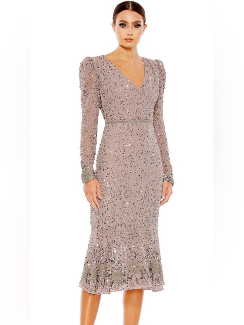 Mac Duggal Smokey Purple Sequin V-Neck Long Sleeve Midi Dress